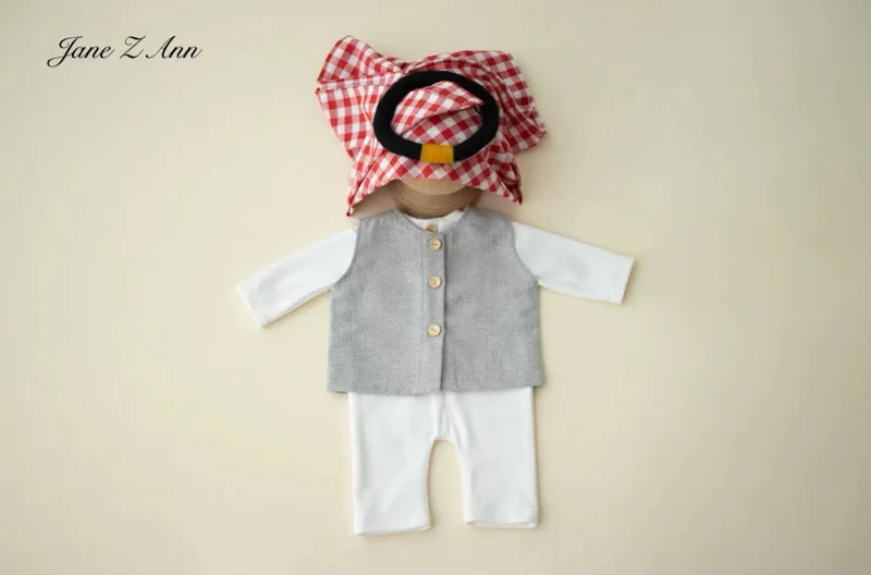 Newborn baby photo props infant boys Arabic clothing gray vest+white romper+ plaid headscarf muslim outfits