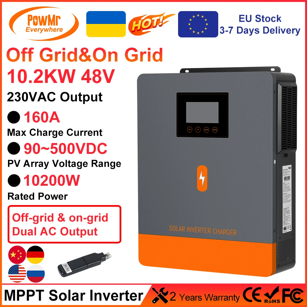 PowMr 10.2KW/10200W Hybrid Solar Inverter 48V 230VAC Output Build-in MPPT 160A Solar Charge Controller With On/Off Grid Function