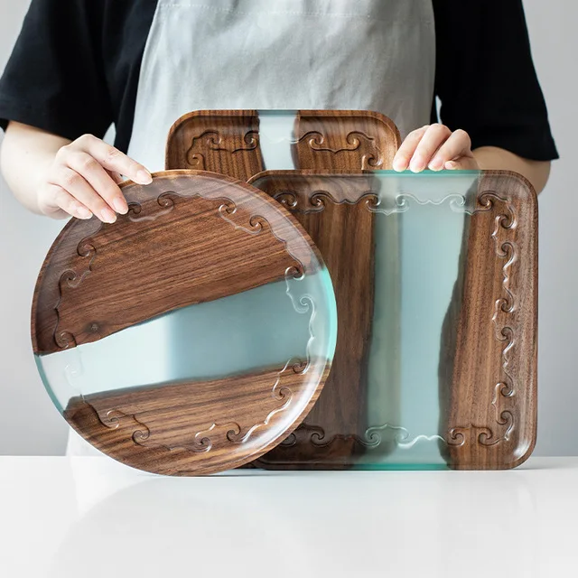 Black Walnut Resin Tea Tray Wooden Rectangular Household Fruit Solid Wood Small Tea Table Dry Bubble Plates