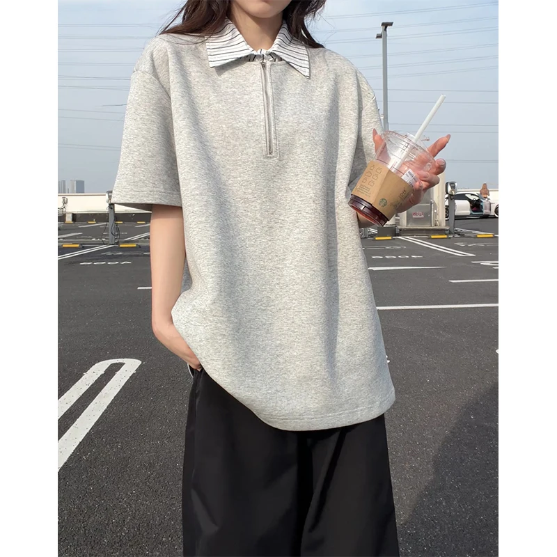 Summer Youth Holiday Two-Piece Striped Patchwork Polo Shirt with Collar and Short Sleeve T-Shirt