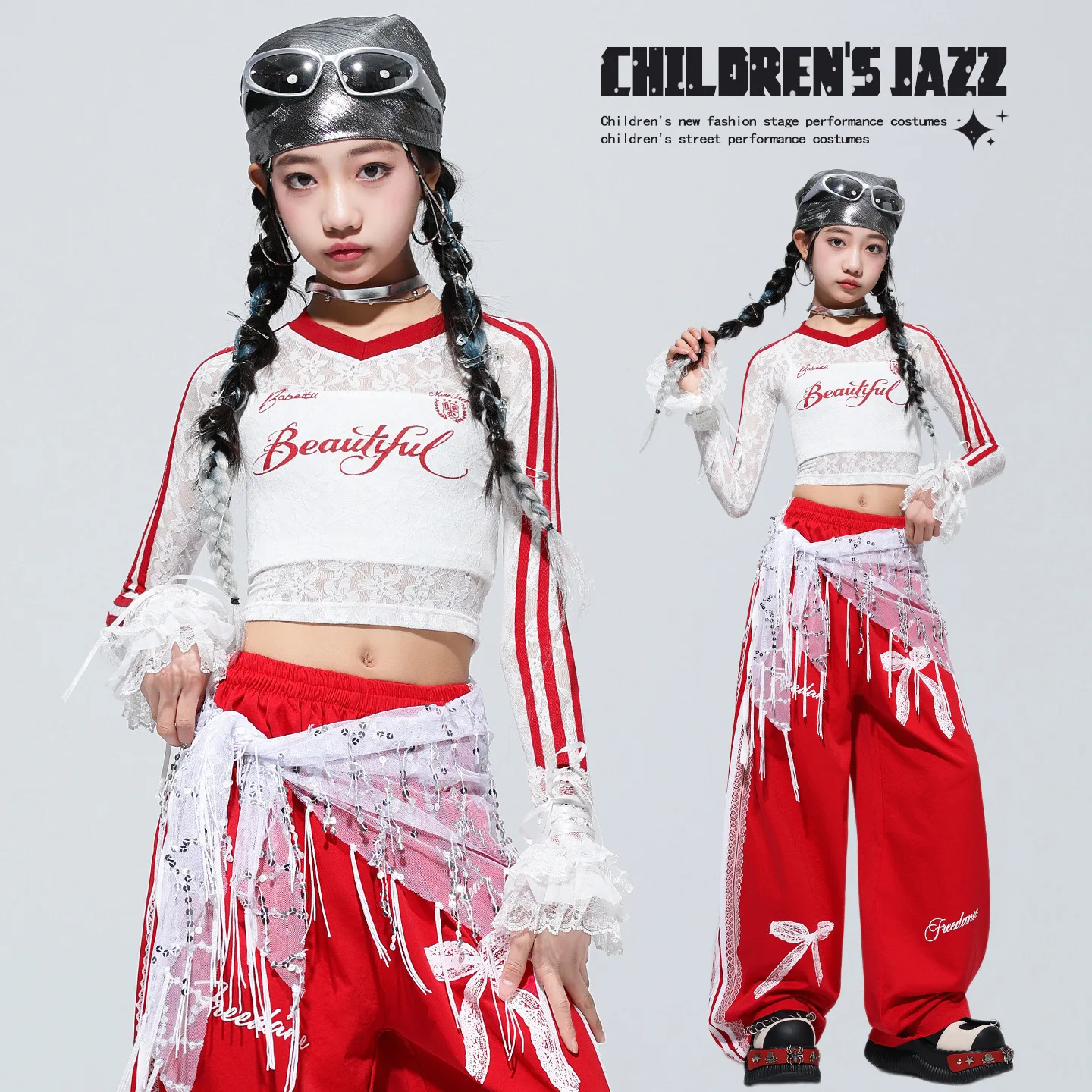 Girls K-pop Lovely Lace Crop Top Hip Hop Bow Sweat Pants Kids Teen Streetwear Children Jazz Costume Girl Group Clothes Set
