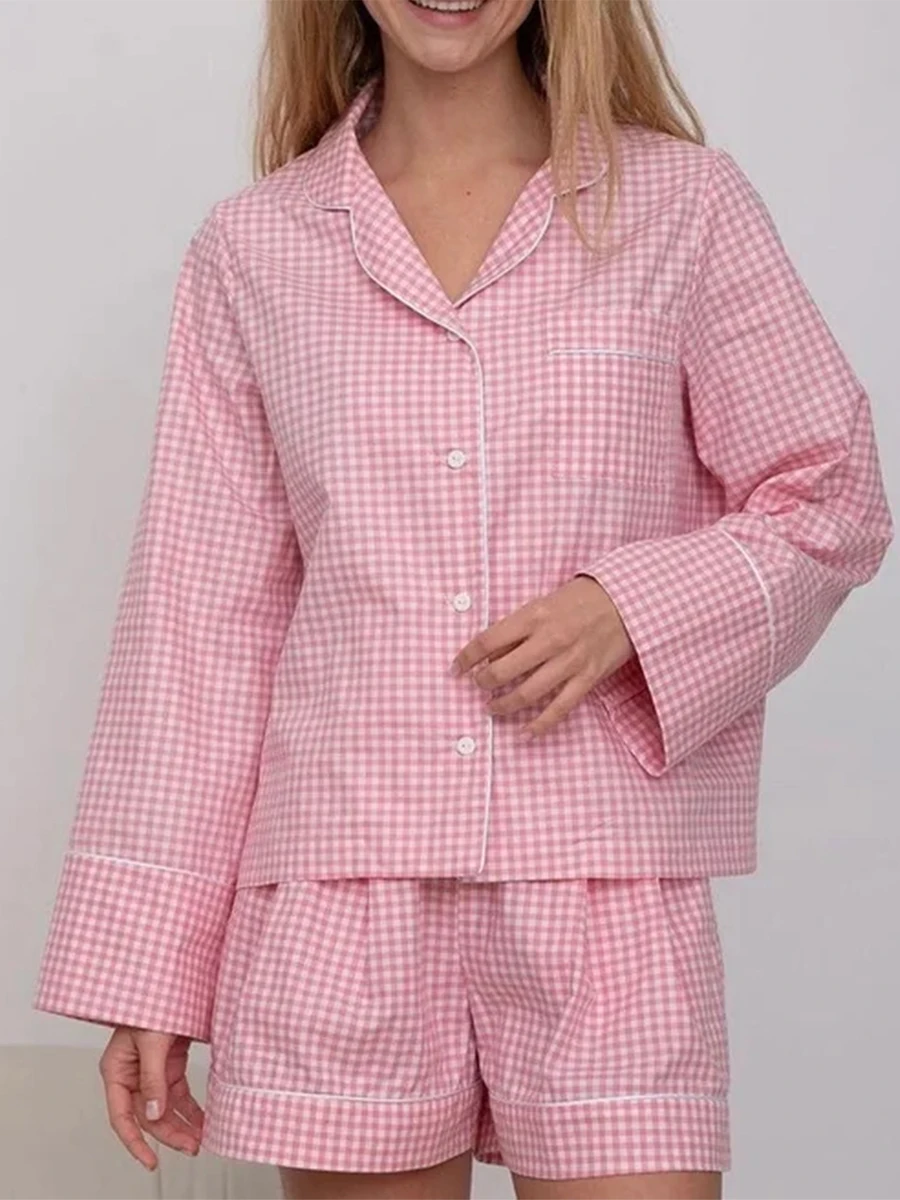 Pink 2 Piece Pajamas Set Women Plaid Print Button up Long Sleeve Shirt and Elastic Shorts for Loungewear Soft Sleepwear