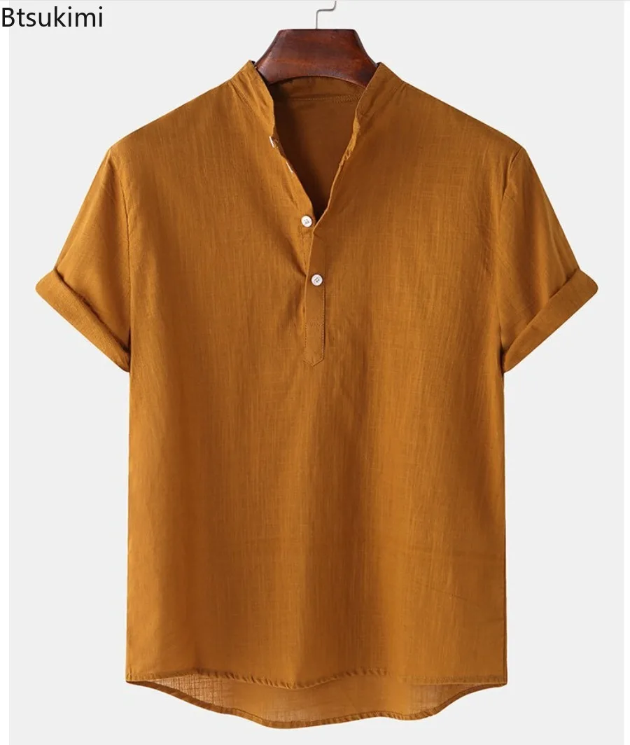Men's Summer Linen Shirt Solid Color Stand Collar Men T-shirt Loose Buttons Short Sleeves Men Henry's Shirt Simple Style Men Top