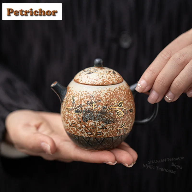 180ml Hand-painted Blue And White Firestone Red Dragon Egg Teapot Retro Tea Infuser Pot Tea Brewing Kettle With Ball Hole Craft