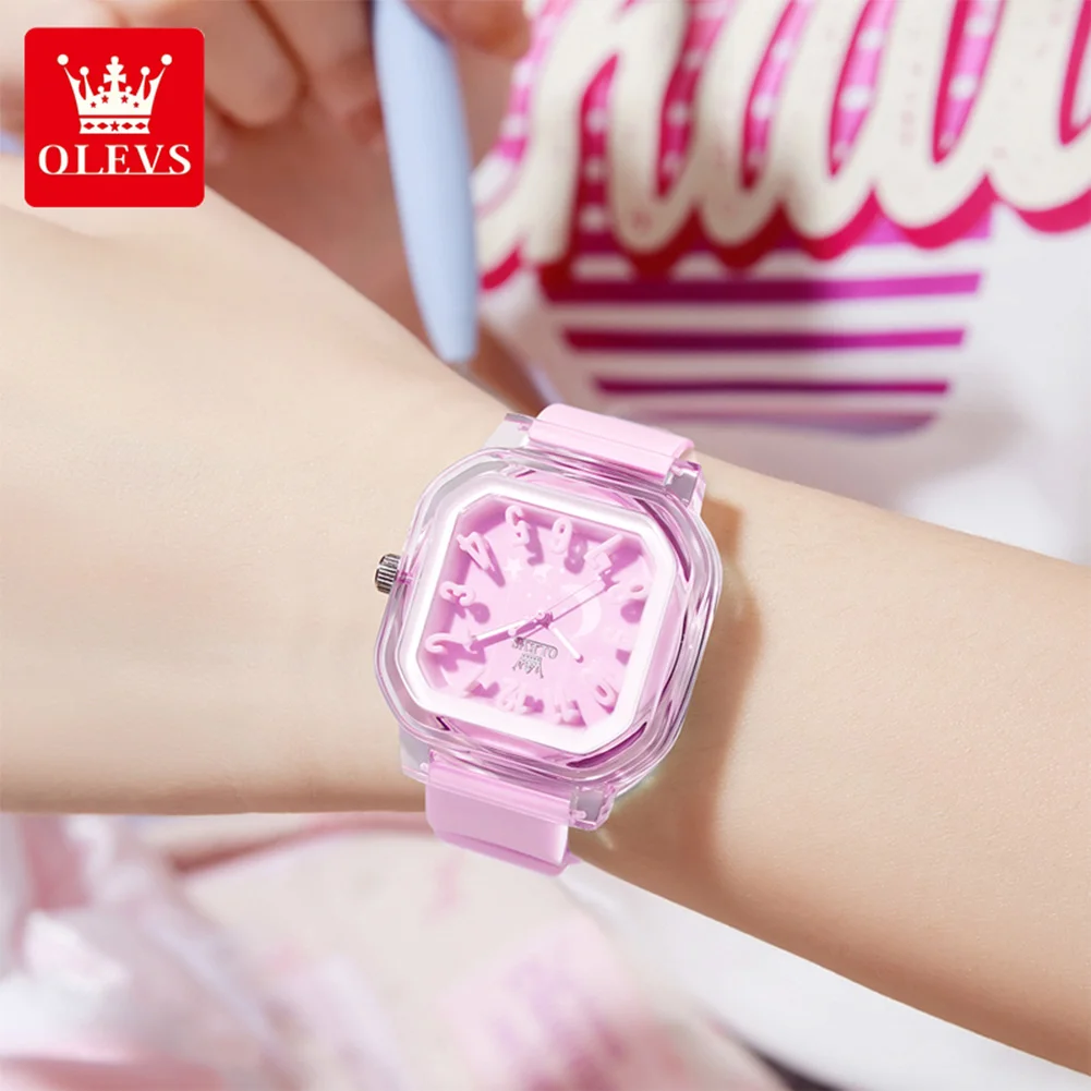 OLEVS Kids' Watches Pink Simple and Fun Original Quartz Watch for Student Transparent Case Silicone Strap Waterproof Luminous