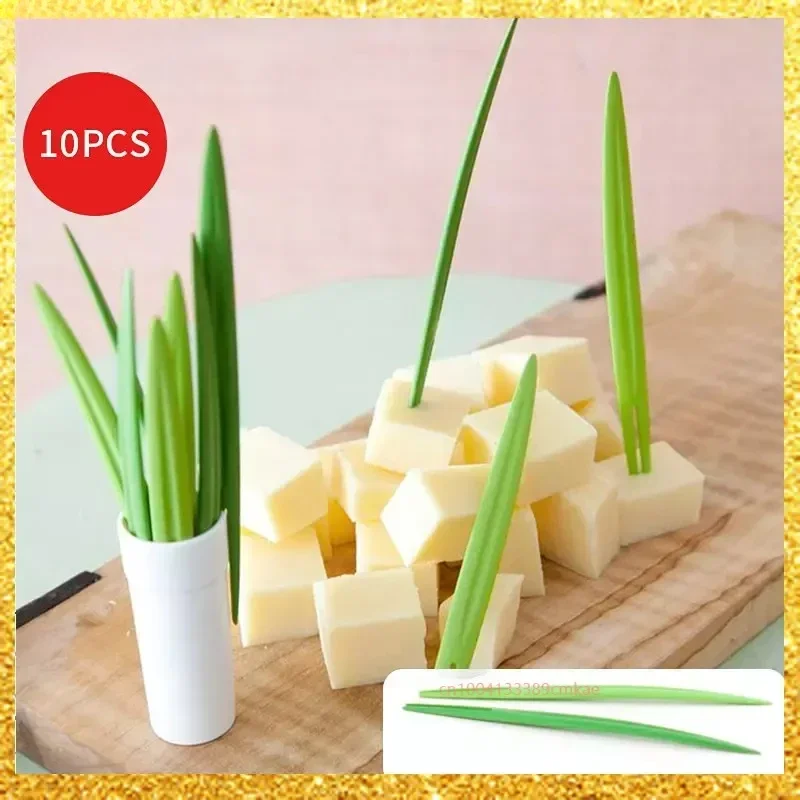 

Creative 10pcs/Set Green Bamboo Leaf Fruit Fork Chopsticks Cocktail Fork Wedding Festival Birthday Kitchen Gadget Fruit Tools