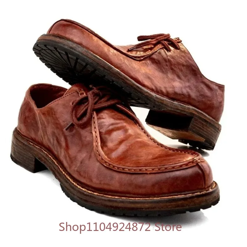 Handmade Leather Shoes  Men's Washed Workwear Genuine Leather Casual Business Round Toe Derby Shoes Male Loafers Wedding