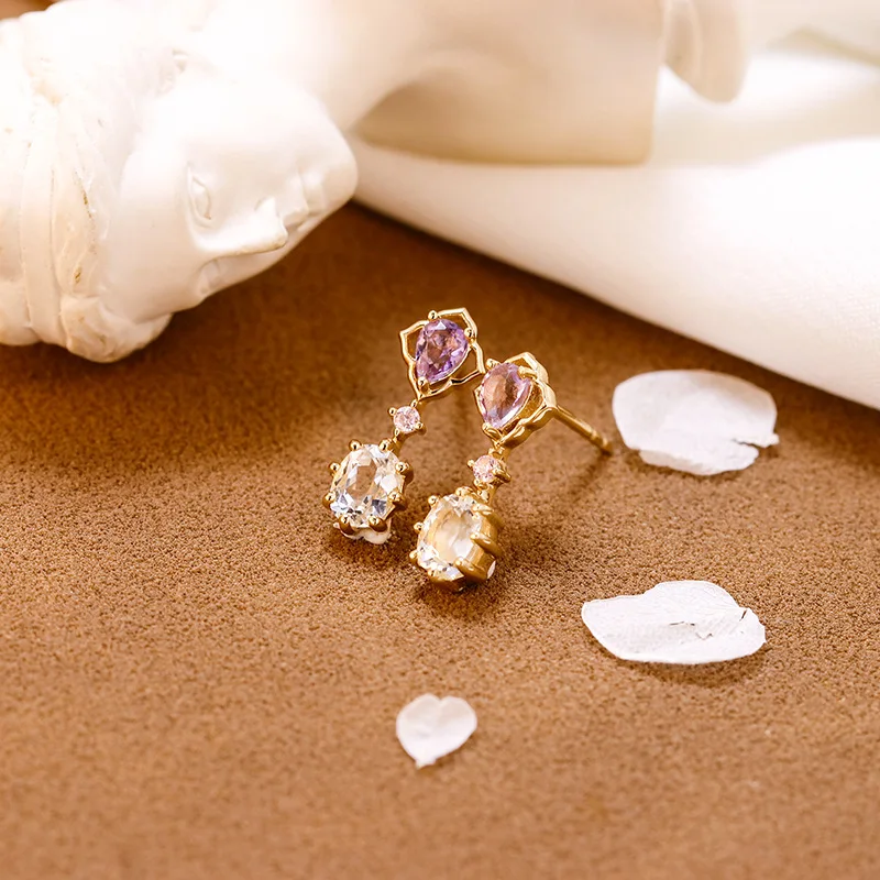 LAMOON Romantic Purple Natural Amethyst Topaz Stud Earrings For Women 925 Sterling Silver Light Gold Color Fine Jewelry Gift