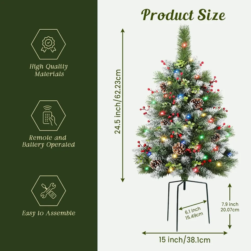 Battery-Powered Multi-Color Pre-lit Outdoor Christmas Trees, 24.5 Inch Frosted, Remote and Timer Included, Ideal for Holiday Dec