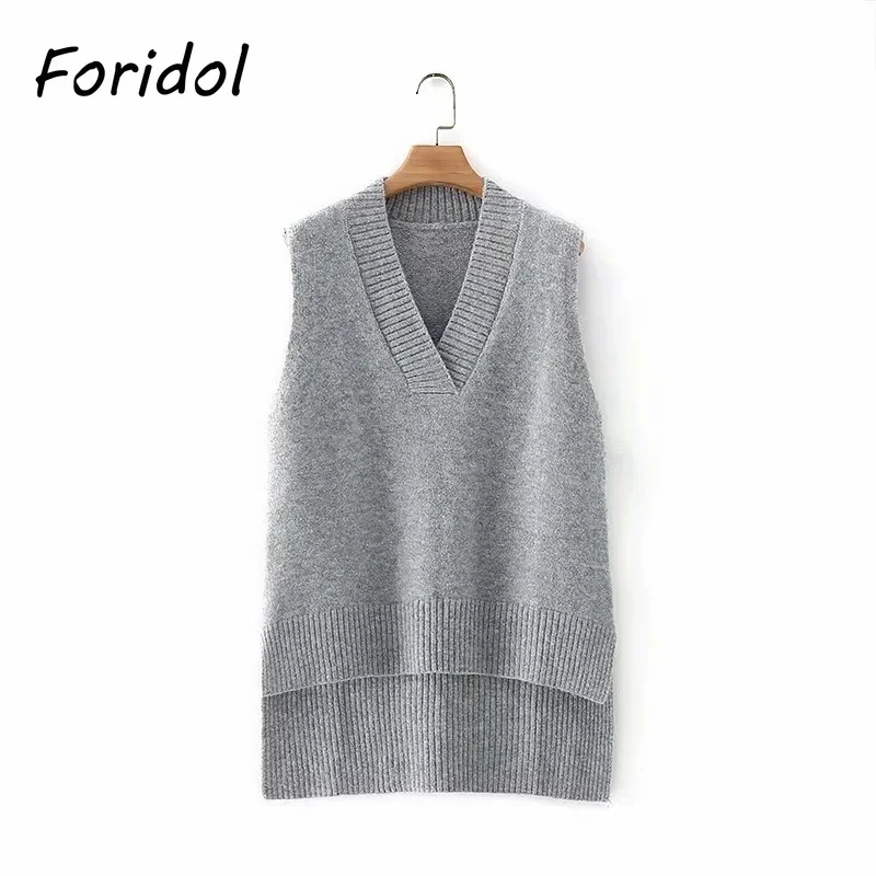 Foridol V Neck Sleeveless Long Waistcoat Women Autumn Winter Sweater Vest Oversized Casual Office Streetwear Gray Vest Pullover