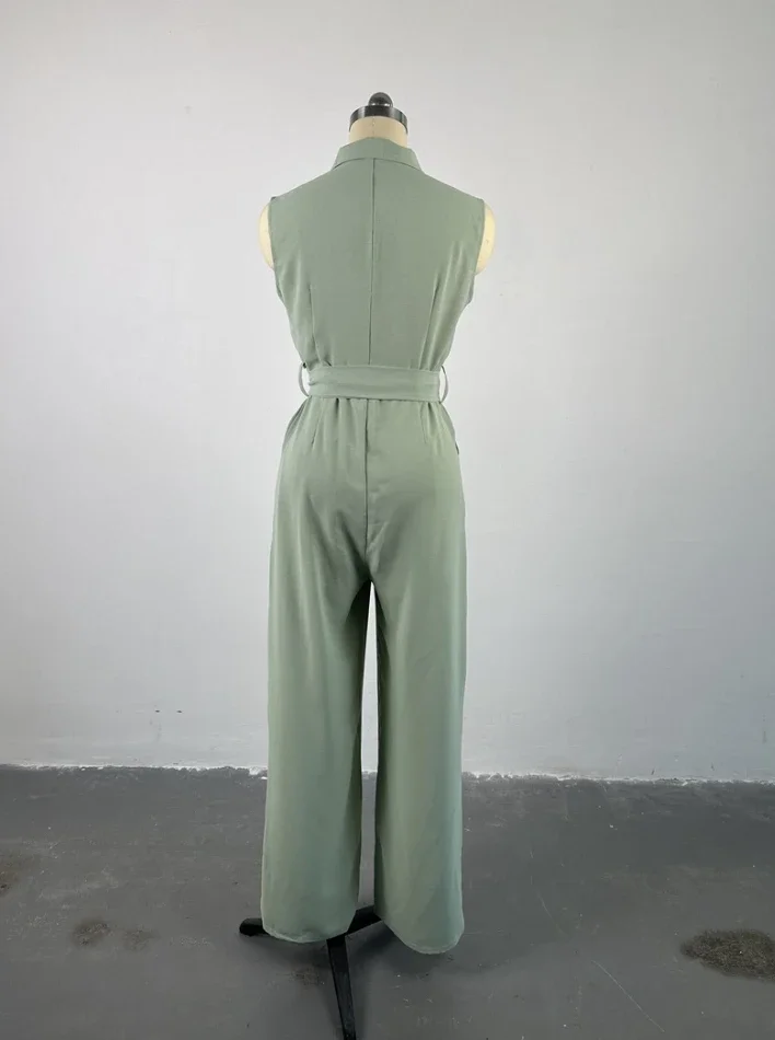 2024 Spring Women\'s Jumpsuit with Lapel Pocket and Waist Cinched Loose Solid Color Sleeveless Wide Leg Jumpsuit