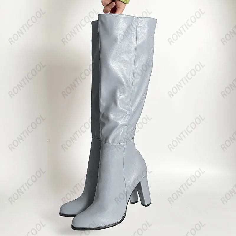 Ronticool High Quality Handmade Women Winter Knee Boots Side Zipper Chunky Heels Round Toe Black Dress Shoes Plus US Size 5-20