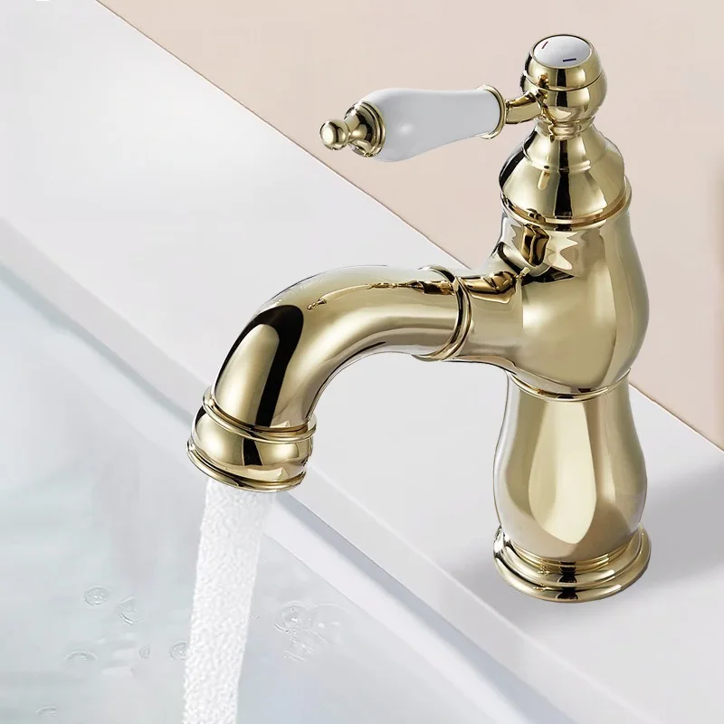 French Pull-out Faucet Basin Faucets on Stage All-copper Wash Basin Hotel Bathroom Cabinet Ceramic Handle Hot and Cold Faucet