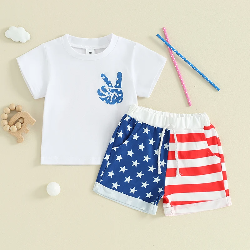 

2024-02-18 Lioraitiin Toddler Baby Boys 4th of July Outfit Short Sleeve Gesture Print T-Shirt and Shorts Outfits