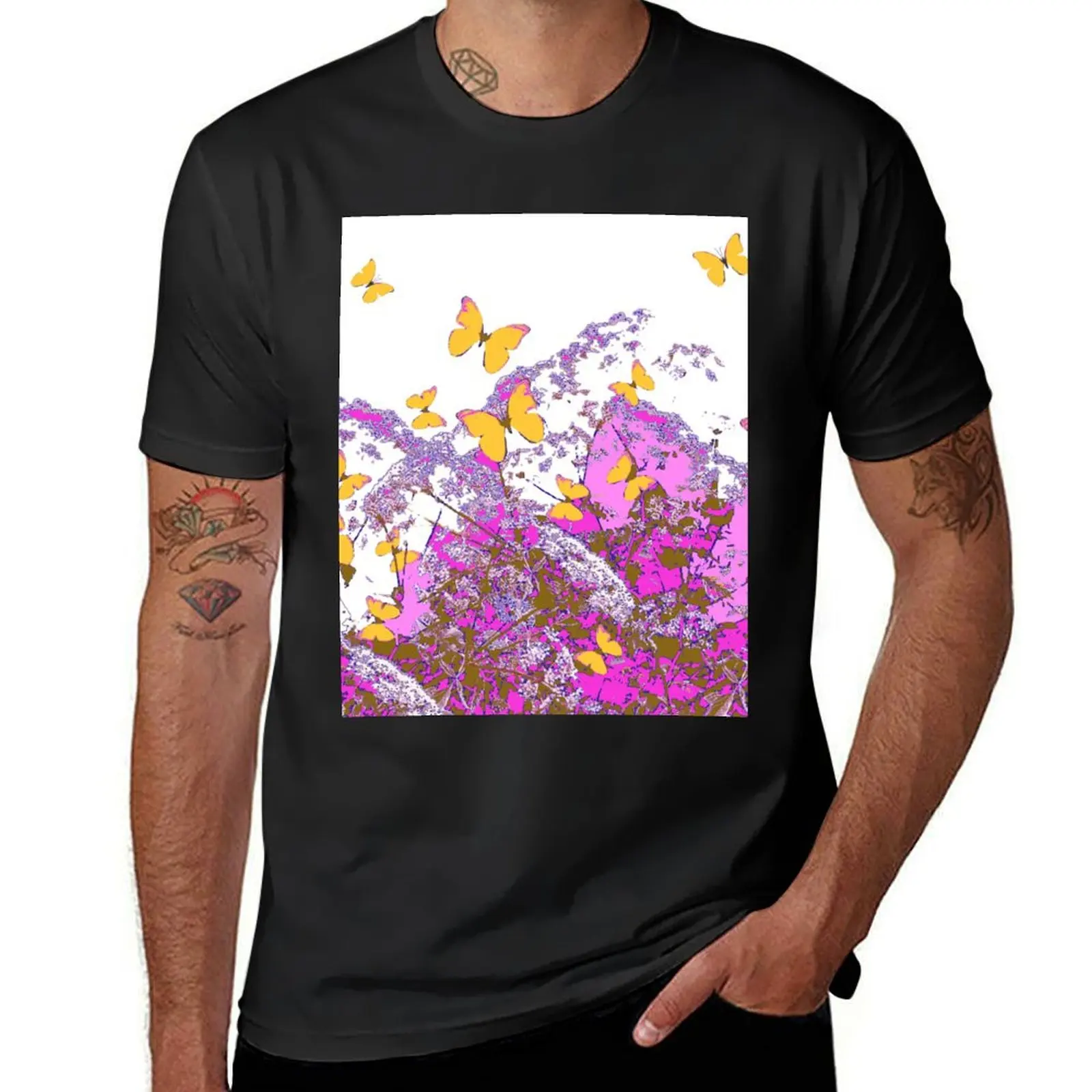 YELLOW BUTTERFLIES FUCHSIA-PINK ABSTRACT GARDEN T-shirt hippie clothes tops heavyweight t shirts for men