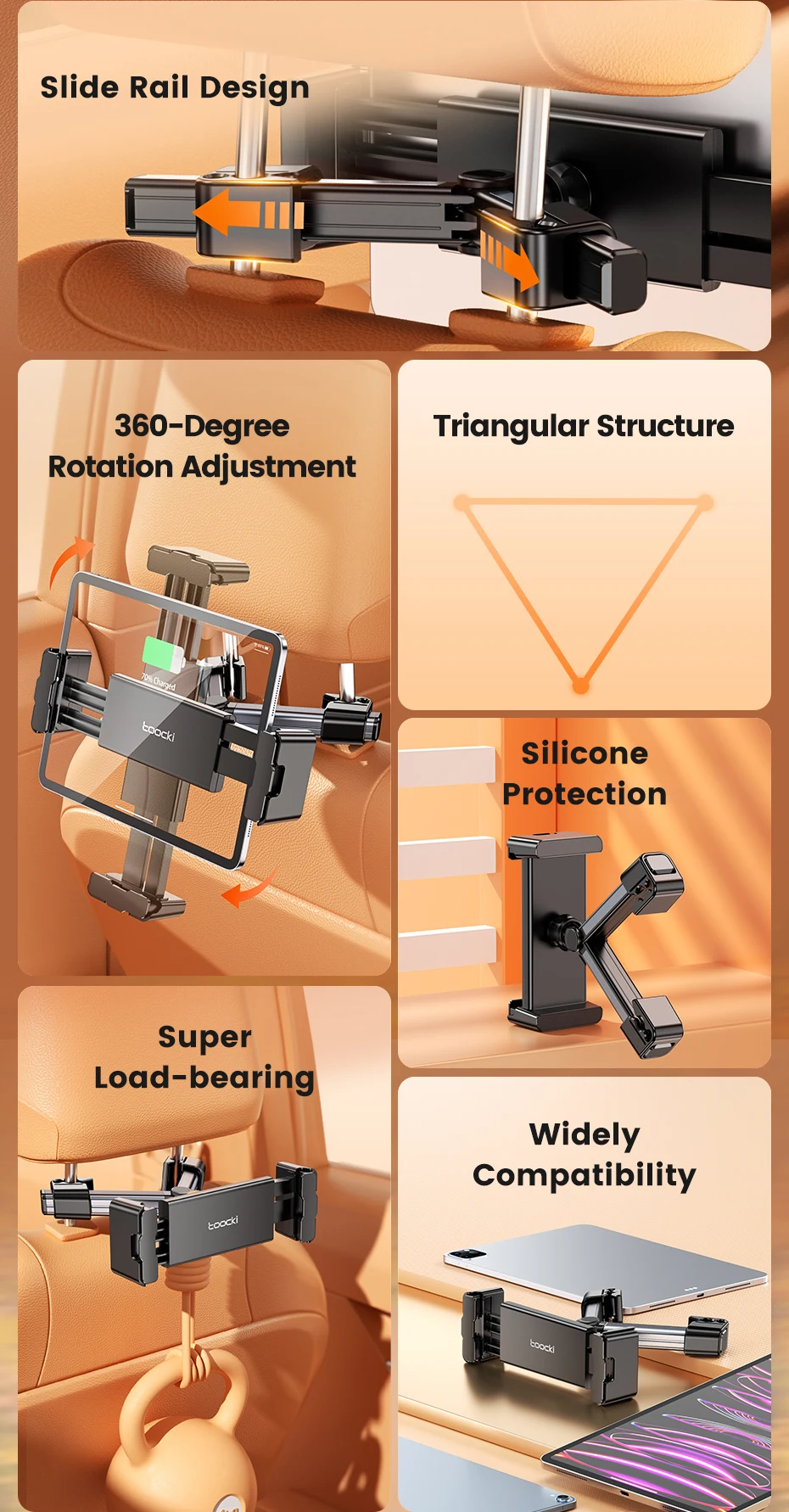 Toocki 360 ° Auto-Rücksitz-Handyhalterung mit Gleitschienen-Design, Tablet-Ständer für Kopfstützenmontage, 4,7-12,9 Zoll – Detail 2