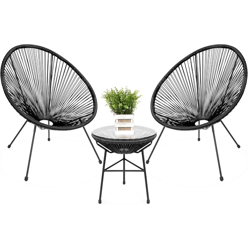 

3-Piece Outdoor Acapulco All-Weather Patio Conversation Bistro Set w/Plastic Rope, Glass Top Table and 2 Chairs