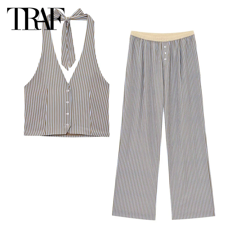 

TRAF Striped Pants Set Women's 2 Pieces 2025 Spring Summer Halter Vest Tops Wide Leg Pants Fashion Elegant Trousers Set Outfit