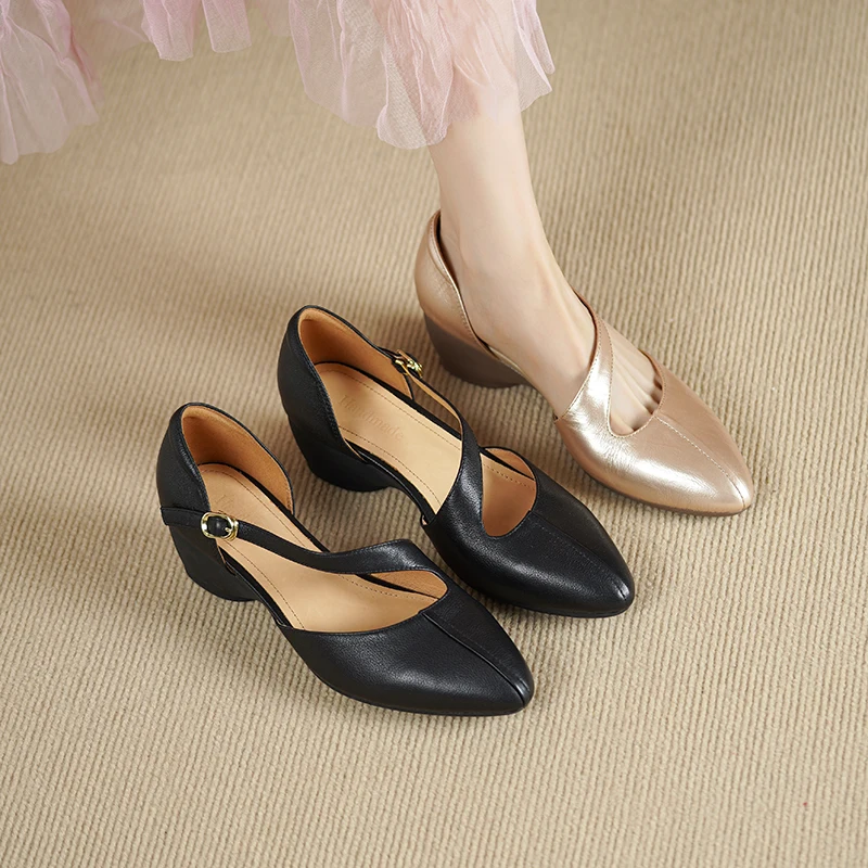 

2025 new summer women sandals natural leather 22-25cm cowhide+pigskin women shoes buckle Mary Jane shoes thick heels fashion