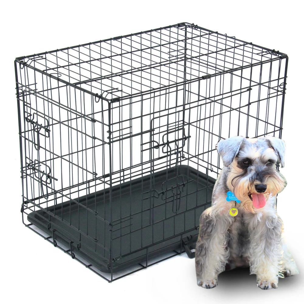 Simple Dog Cage Pet Kennel Cat Folding Steel Crate Animal Playpen Wire Metal With Double Door Plastic Tray Portable And Durable