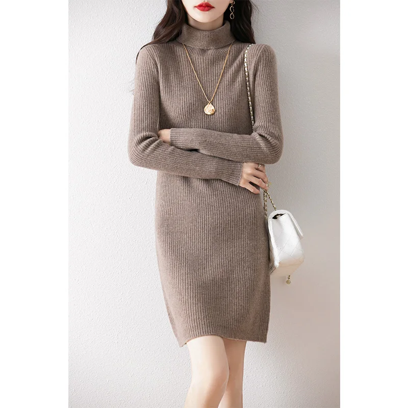 100% wool women's Long dress Winter women's 2024 autumn/winter fashion turtleneck cashmere long dress hot selling women's dress