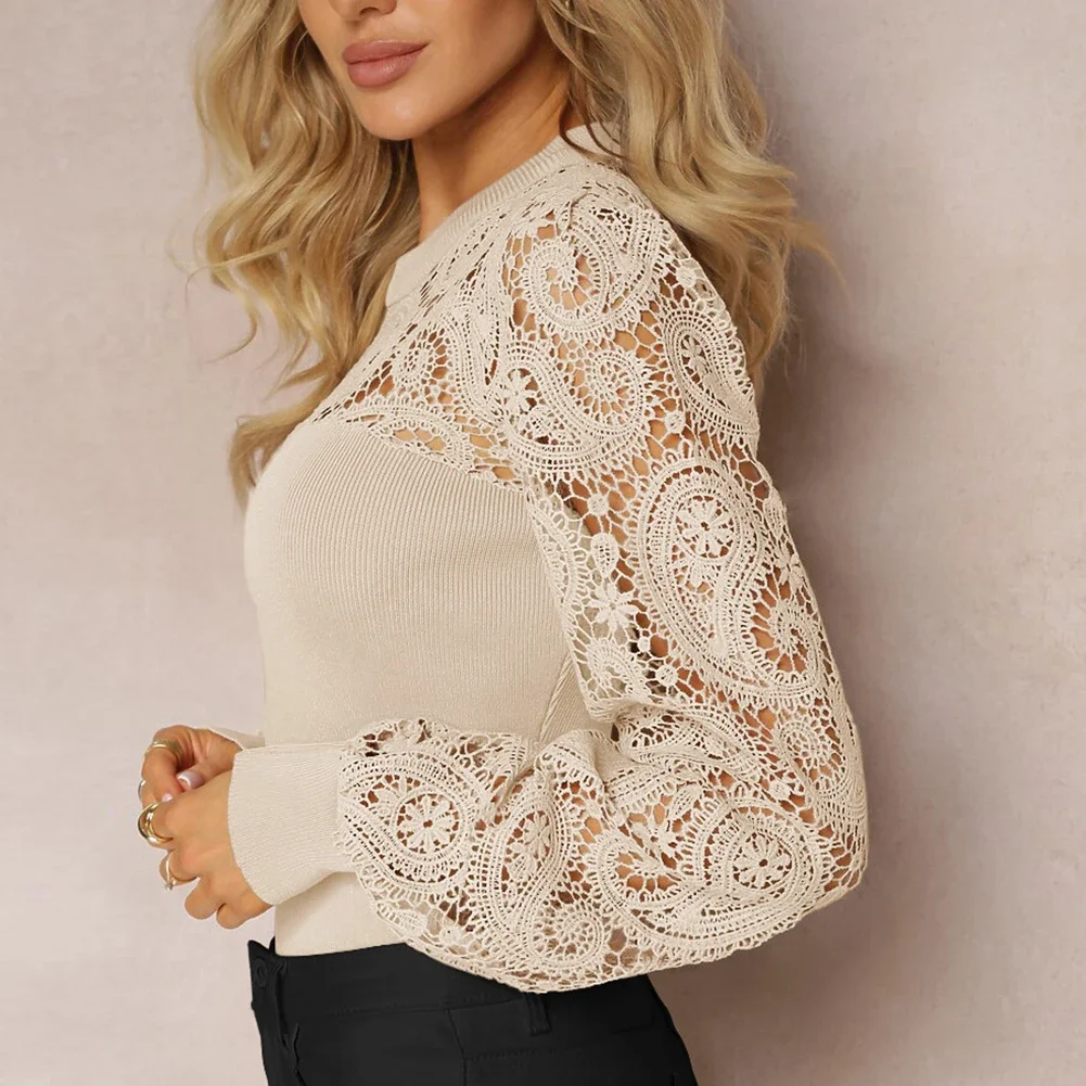 ชุดลําลองผู้หญิง Splicing ลูกไม้ T เสื้อสําหรับฤดูใบไม้ผลิแฟชั่นรอบคอออกแบบยืดเล็กน้อยสีทึบรูปแบบ