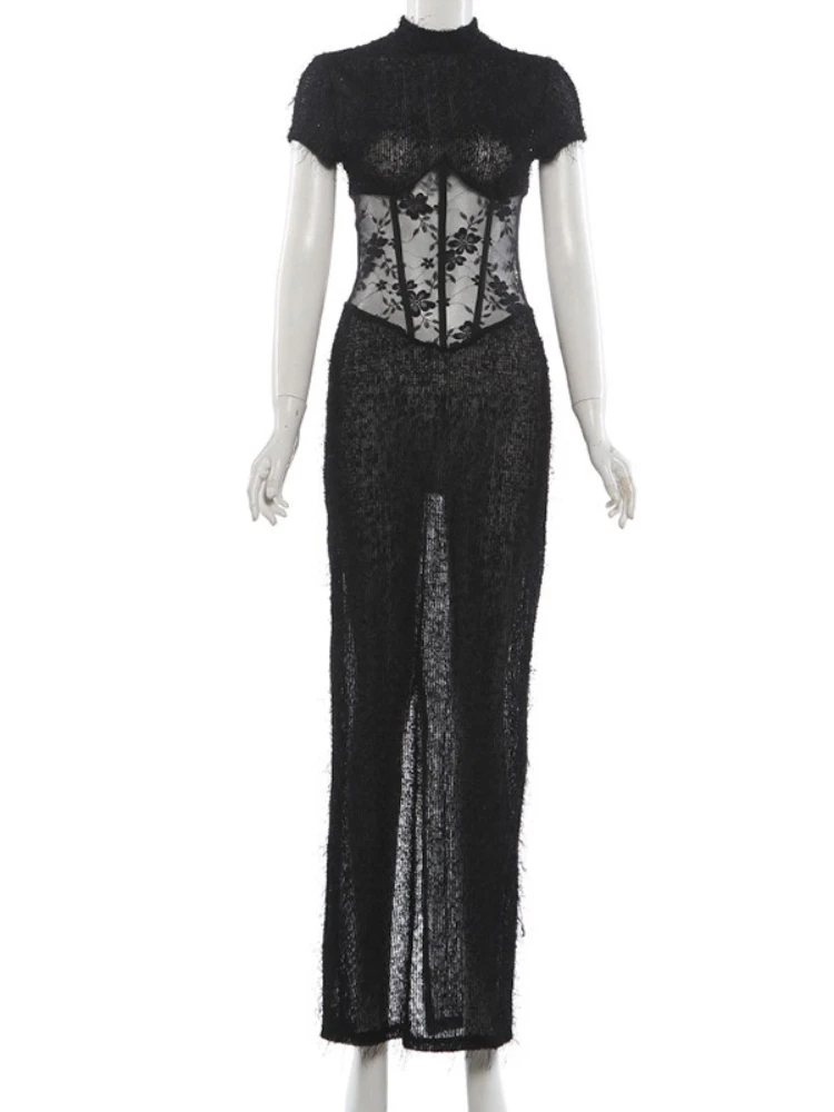 Sukienka Tsiisd Sexy z piórami, prześwitująca, damska, bez pleców, dopasowana, z wysokim stanem, z rozcięciem, patchworkowa, wieczorowa, obcisła.