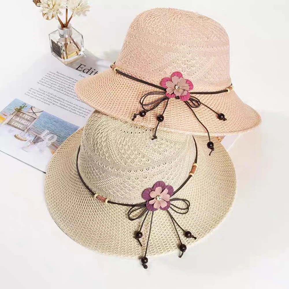 2024 Summer Women Bow Flowers Straw Hat Outdoor Sun Sunscreen Collapsible Beach Hat