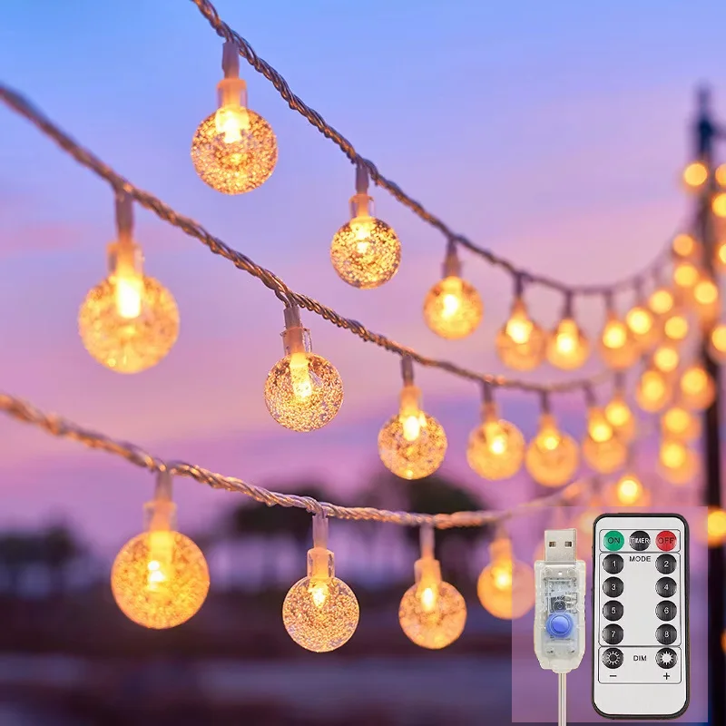Tira de luces con bola de cristal USB resistente al agua IP65, 50/80 LED, luz cálida con control remoto, 8 modos para Navidad, jardín, fiesta, decoración de boda