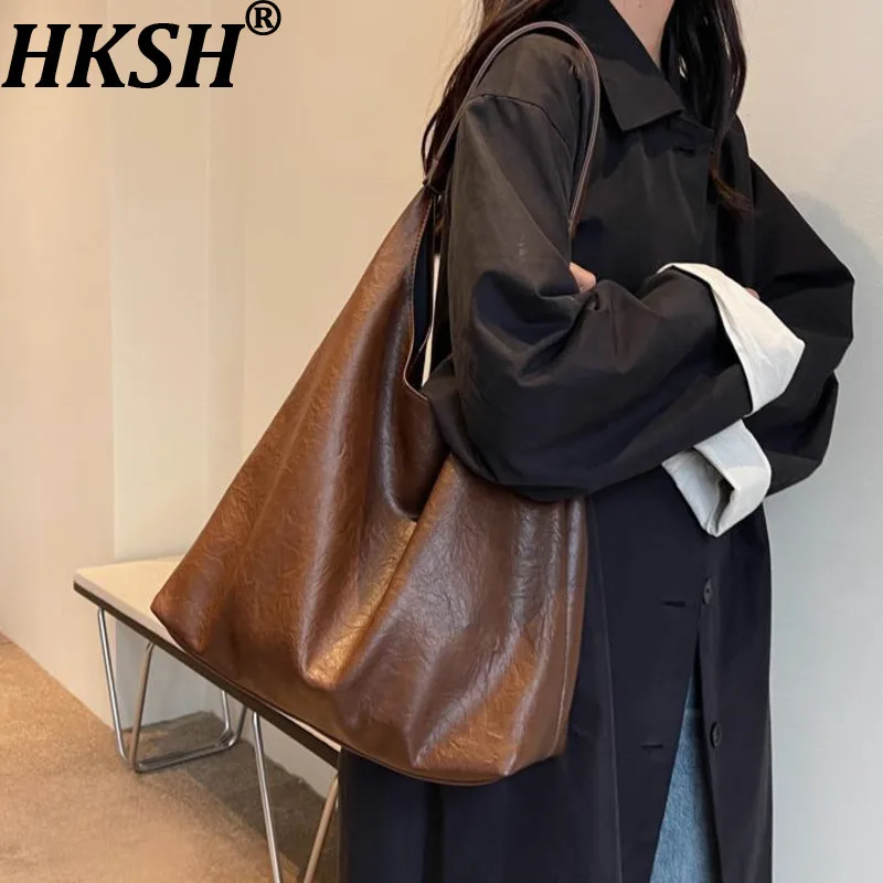

HKSH Spring Autumn New Women Tote Bag Pu Leather Large Capacity Versatile Single-Shoulder Vintage High-end Casual Trendy HK13260