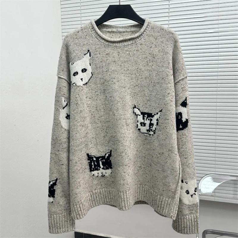 Women\'s sweater New elastic knitted round neck pullover for autumn 2024 Cat jacquard long sleeved top cotton blend knitwear y2k