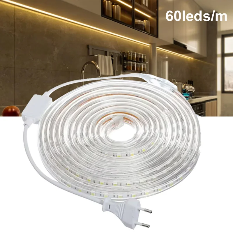 Tira de luces LED impermeable de 220V, alto brillo, 5M, 10M, 20M, para decoración del hogar, cocina, jardín al aire libre, luz LED con enchufe