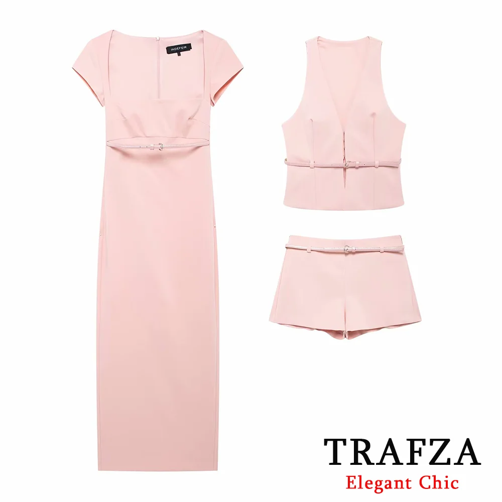 TRAFZA Fashion Summer Autumn 2024 Women Pink Solid Shorts Set Belt Vest and Shorts or Midi Dress Party Date Sweet Dress