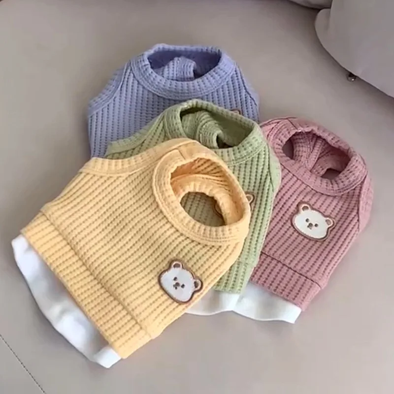 

Pet Cut Bear Summer Waffle Tank Top Pet Thin Splicing Bear Short Sleeve Top Breathable Tank Top Small Dog Teddy Puppy Clothes