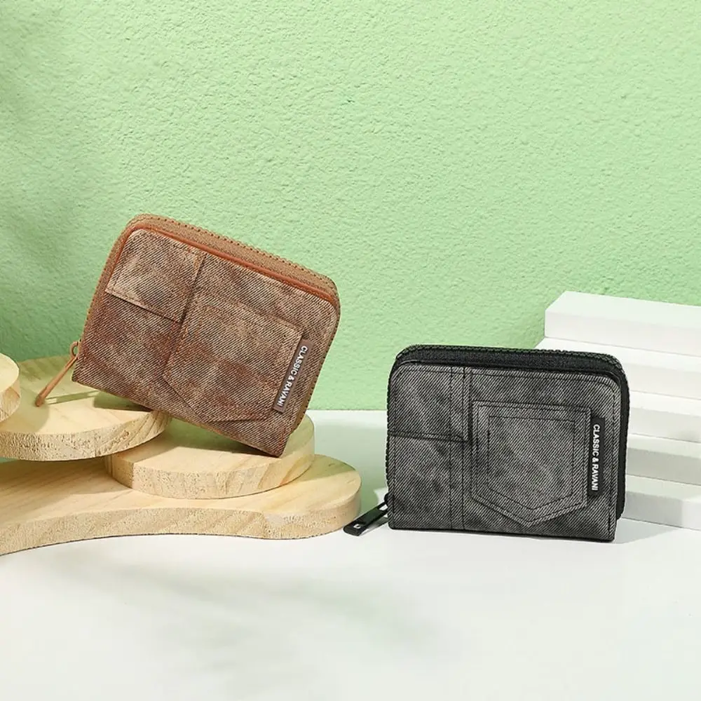 Cartera corta de vaquero con múltiples ranuras, Mini monedero con Clip para dinero de estilo coreano, monedero de bolsillo, billetera plegable de cuero PU Retro para exteriores