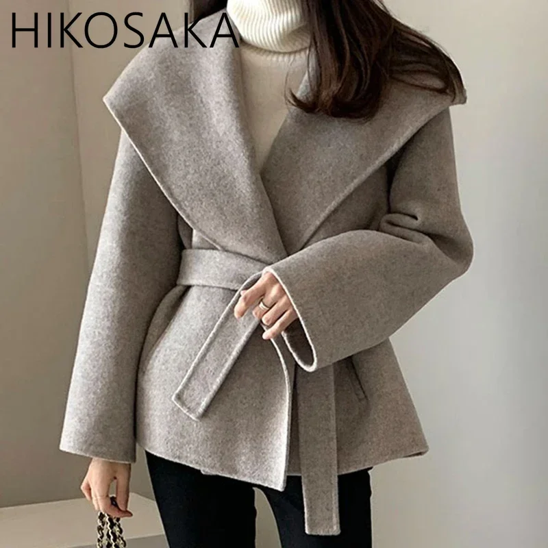 Korean Chic Elegant Turn-down Collar Belt Wollen Coats Solid All-match Long Sleeve Short Overcoat Autumn Winter Commuter Jacket