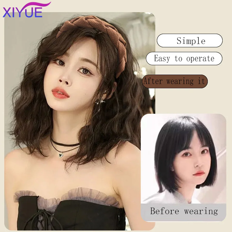 Xiyue-女性用ロングウェーブカーリーヘッドバンド,ヘアエクステンションのクリップ,U字型ヘアピース,人工天然