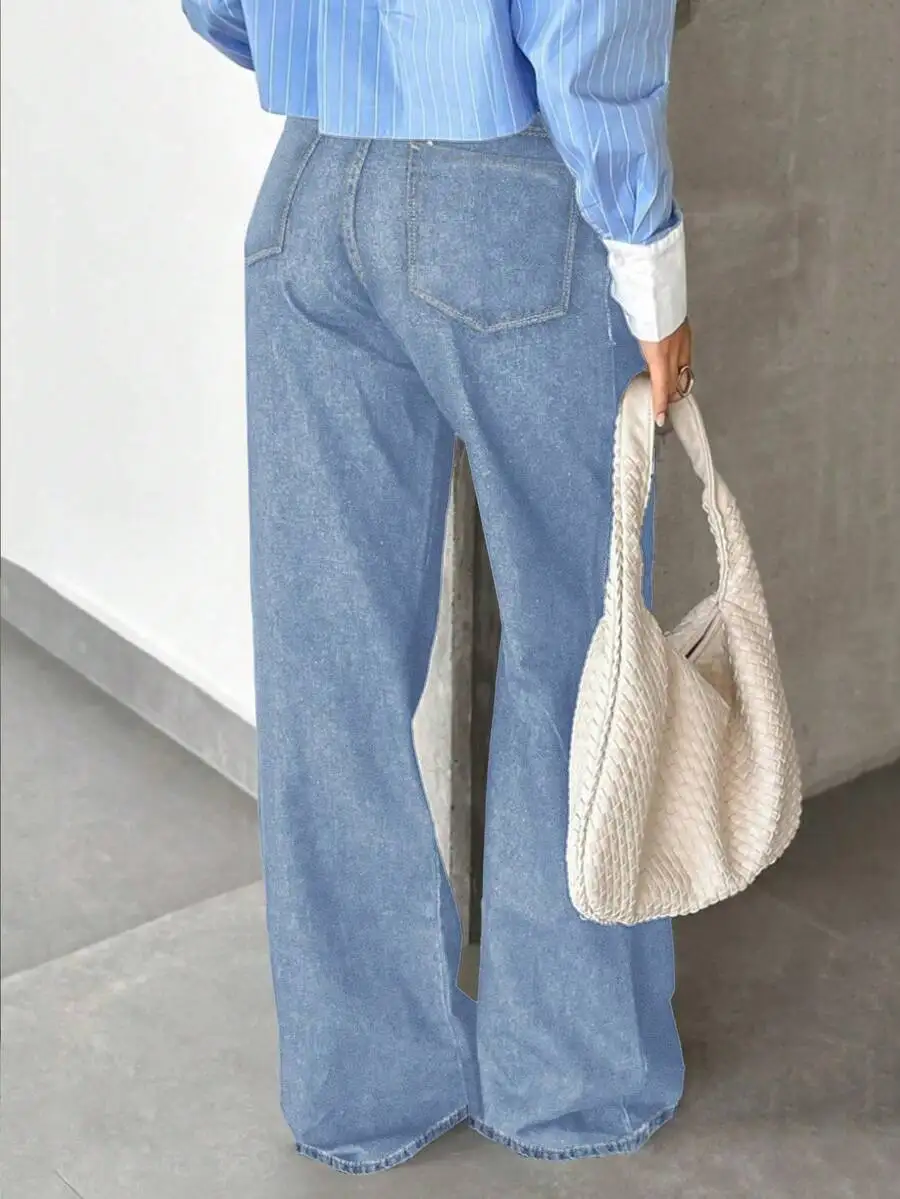 

Womens Y2K Style Straight Leg Denim Jeans Casual Wide Leg Pants