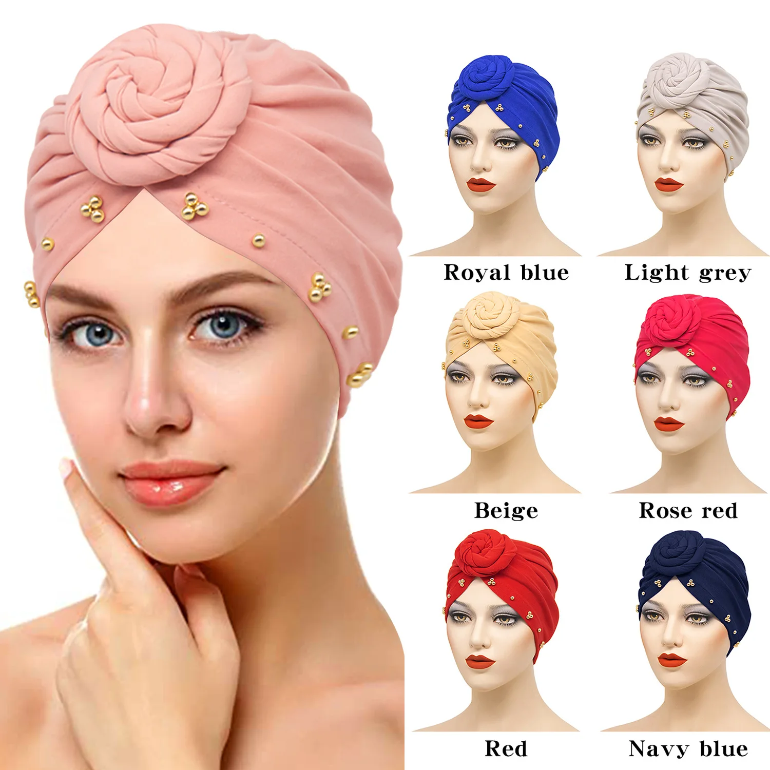 

New Women Knotted Turban Hat Bonnet Hijab Chemo Nail Bead Cap Headbands Female Muslim Hat Head Cover Night Cap Hair Accessories