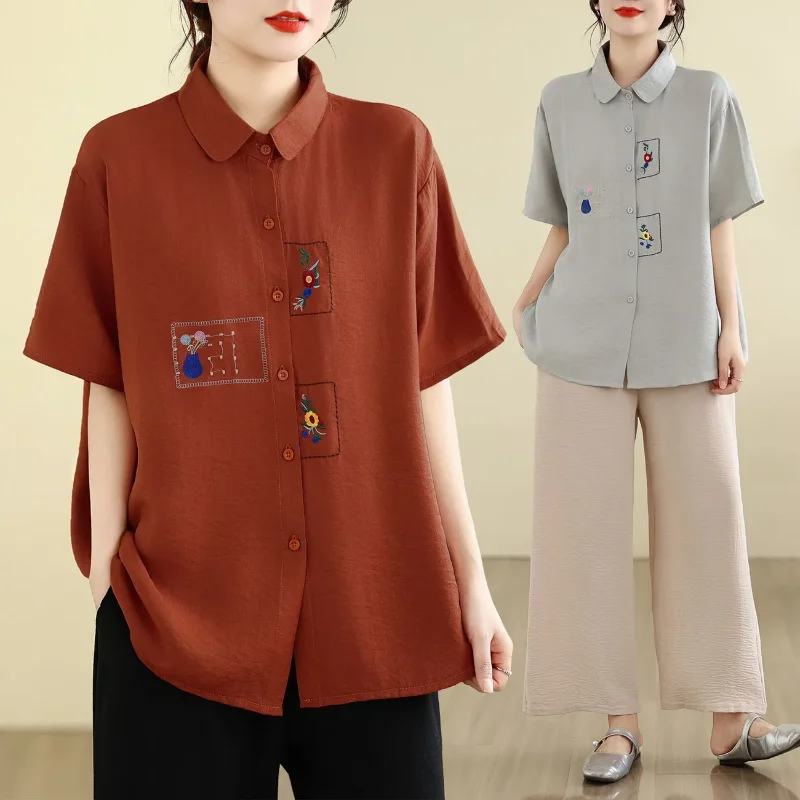 Women Linen Blend Embroidered Shirt Turn Down Collar Short Sleeve Loose Casual Plus Size Blouse