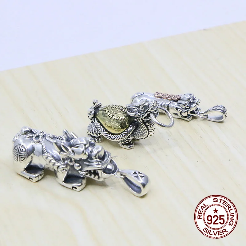 S925 Sterling Silver Pendant Personalized Fashion Retro Money Pixiu Dragon Turtle Golden Ao  Design sensation internet celebrity