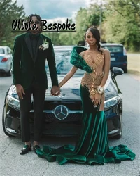 Dark Green Velvet Gold Rhinestone Mermaid Prom Dresses Beaded See Thru 2025 Birthday Luxury CustomizedFor Black Girls Customized
