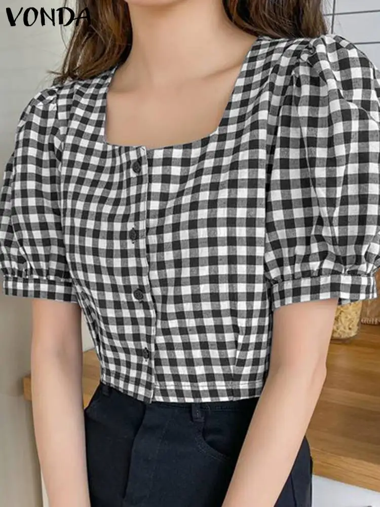 VONDA Fashion Plaid Blouse Women Shirts 2024 Casual Loose Short Sleeve Buttons Summer Tops Short Puff Sleeve Blusas Femininas