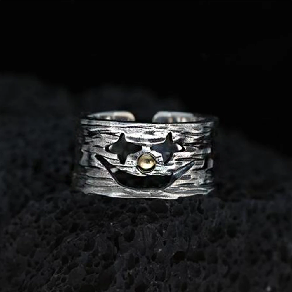 Gothic Punk Hollow Joker Face Silver Plated Opening Rings for Women Men Resizable Charm Smiling Clown Ring Vintage Jewelry Gifts