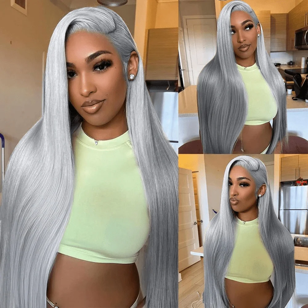 

Silvery Grey Lace Front Wigs Human Hair 13x4 Grey Wig Human Hair Pre Plucked HD Lace Frontal Gray Wigs for Women 180% Density