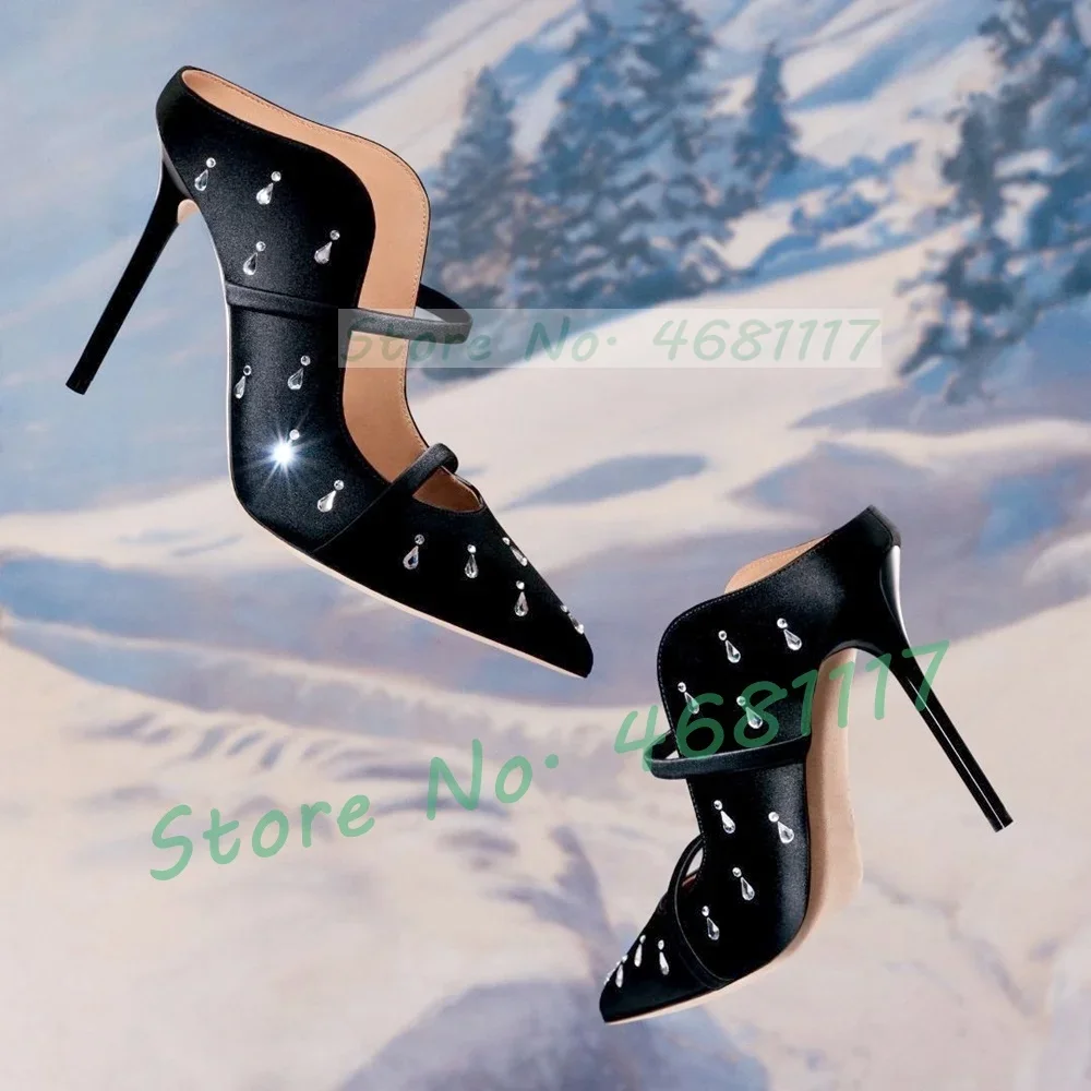 

Black Satin Pointed Toe Mules Women Elegant Clear Crystals Decor High Heels Shoes Ladies Double Strap Sparkly Stiletto Slippers