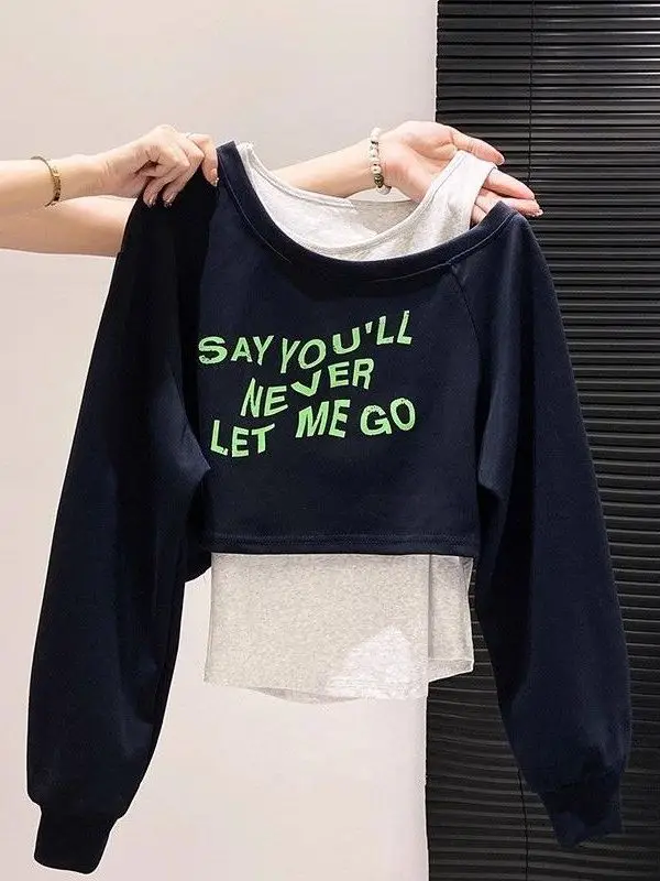 

Shoulder Bared Long Sleeve Sweatshirt Women's plus Size Two Piece Set Korean Style Printed Loose Fit Daily Wear Student