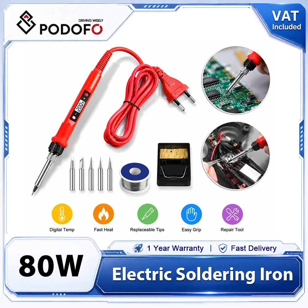 Kit de fer à souder Podofo 80W avec écran LCD numérique, température réglable, fer à souder électrique avec support, couleur rouge, outil de réparation pour circuits électroniques, bricolage, prise EU 110V/220V