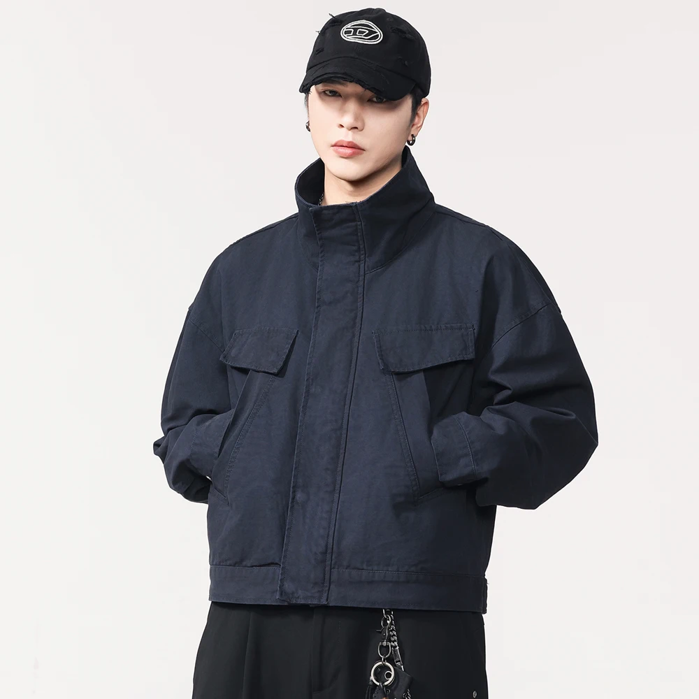 

Мужская корейская уличная одежда, модная винтажная свободная повседневная короткая куртка-карго с воротником-стойкой, унисекс, весенне-осеннее пальто, женская верхняя одежда