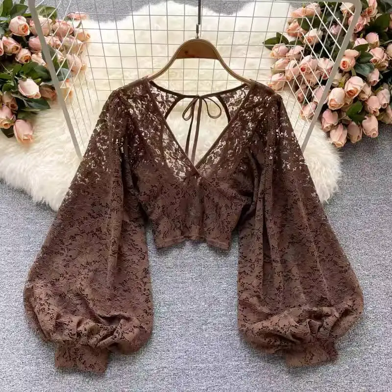 

2026 Spring New Women's Lace-up Backless Sheer Lace Blouse V neck Lantern Sleeve Crochet Slim Crop Top Elegant Casual Tops